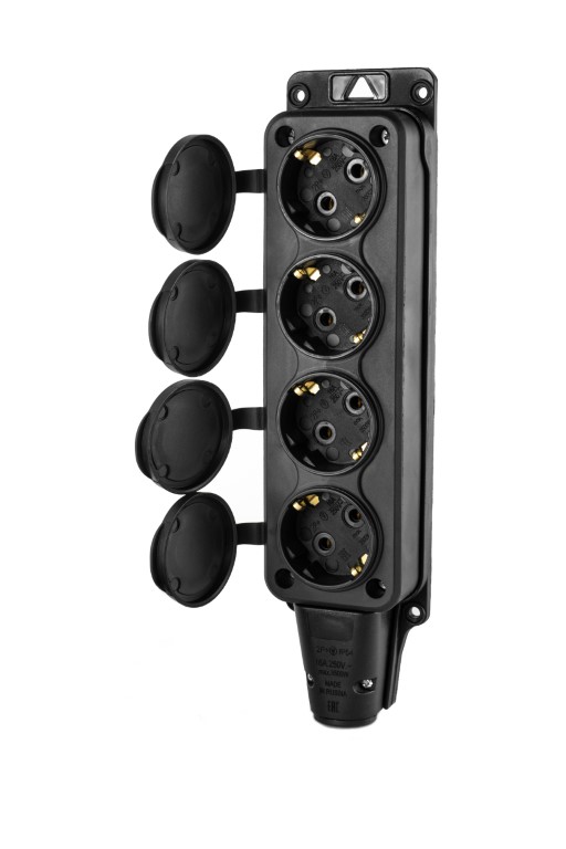 DY-01-01-009 Розетка (колодка) четырехместная с крышками каучук черная 2Р+РЕ 230V 16АIP54 DYNEL