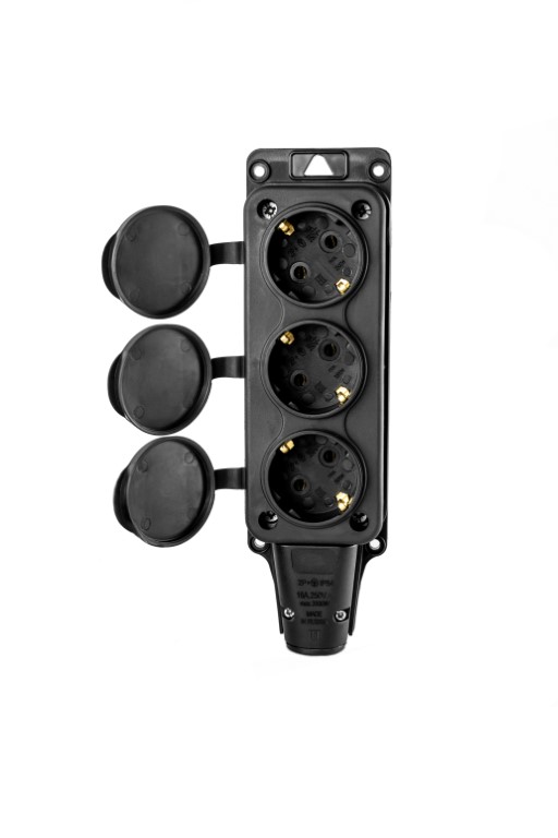 DY-01-01 -008 Розетка (колодка) трехместная с крышками каучук черная 2Р+РЕ 230V 16А 1Р54 DYNEL