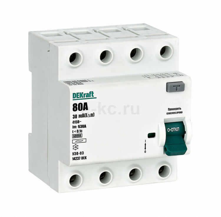 14237DEK Выкл. диф. тока УЗО03-6кА-4Р-80А-030мА АС