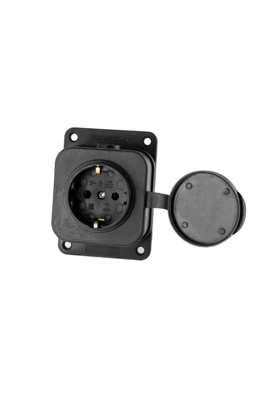 DY-01-01-006 Розетка (колодка) одноместная каучук черная 2Р+РЕ 230V 16А IP54 DYNEL