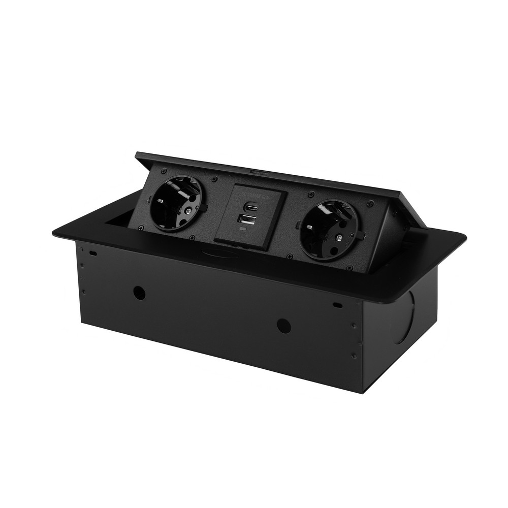 Розетка горизонтальная выдвижная 2 Euro 16A, USB type A+C с блоком 18W RocketSocket, цвет черный
