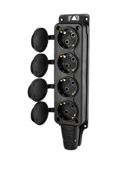 DY-01-01-009 Розетка (колодка) четырехместная с крышками каучук черная 2Р+РЕ 230V 16АIP54 DYNEL