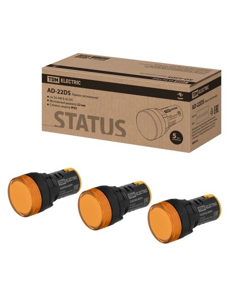 STATUS Лампа сигнальная AD-22DS, LED, d22 мм, 24-440 В AC/DC, желтый TDM