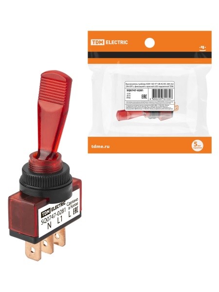Выключатель-тумблер ASW-13D 1P 12В AC/DC 20А (3c) ON-OFF с фиксацией с красной LED подсветкой TDM
