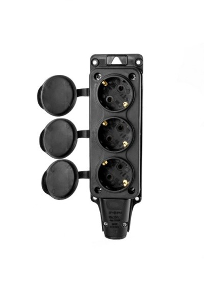 DY-01-01 -008 Розетка (колодка) трехместная с крышками каучук черная 2Р+РЕ 230V 16А 1Р54 DYNEL