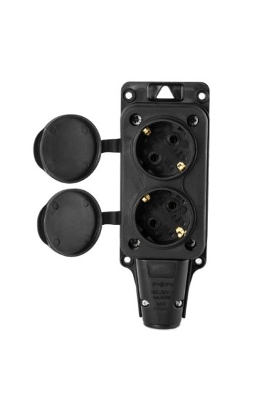 DY-01-01-007 Розетка (колодка) двухместная с крышками каучук черная 2Р+РЕ 230V 16А IP54 DYNEL