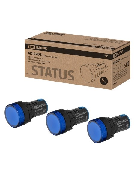 STATUS Лампа сигнальная AD-22DS, LED, d22 мм, 24-440 В AC/DC, синий TDM остаток